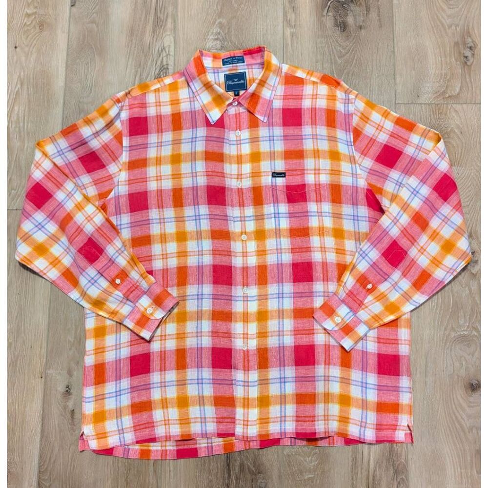 RARE Vintage Faconnable Linen Plaid Button Up Large Bright Pink Orange Hong Kong